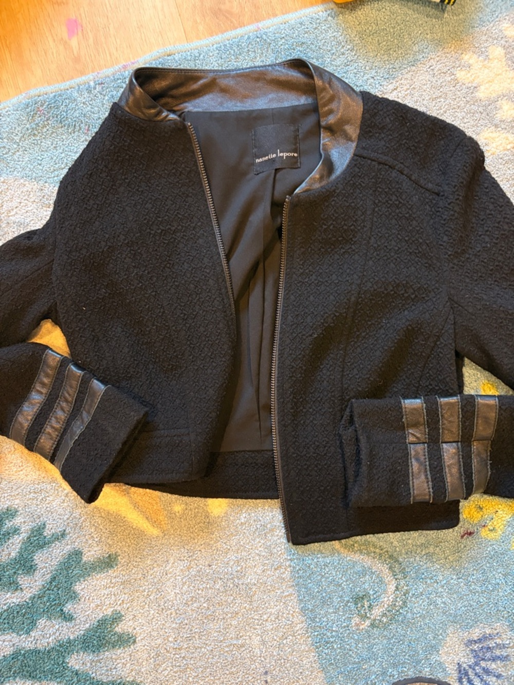 Nanette Lepore Black Cropped Blazer with Faux Leather Trim
